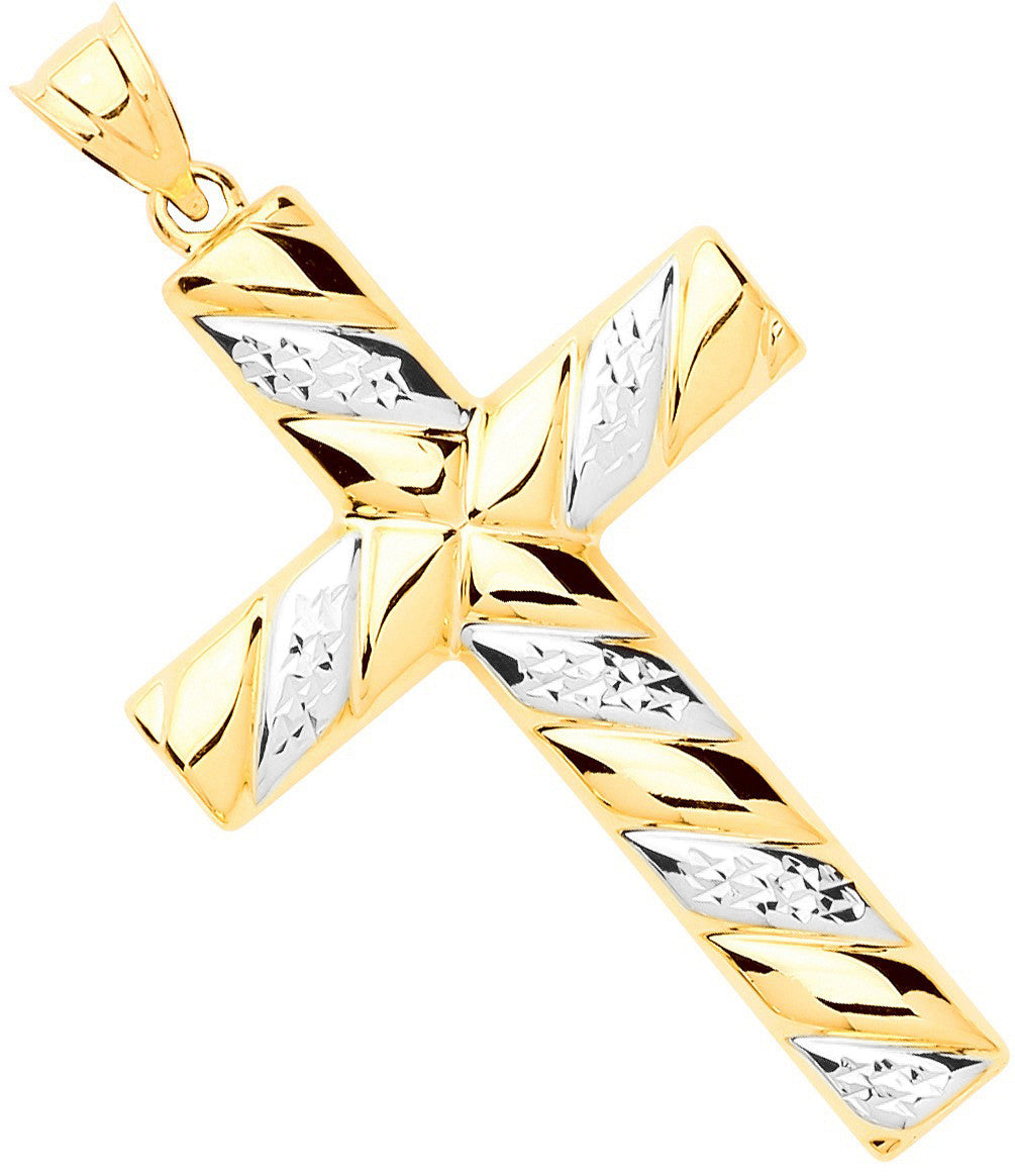 Yellow & White Gold Hollow Tube Ribbed Cross - 9ct Gold