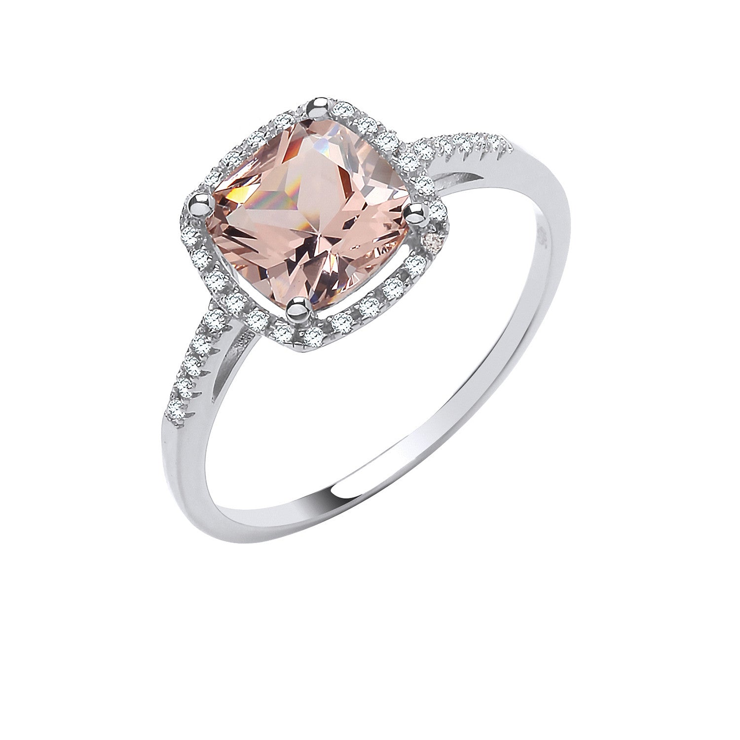 Silver Cushion Cut Synthetic Morganite & Cubic Zirconia Halo Ring - Silver
