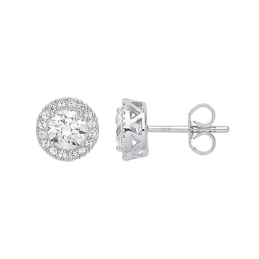 Puces d'oreilles halo rond en oxyde de zirconium or blanc 8 mm - Or 9 carats