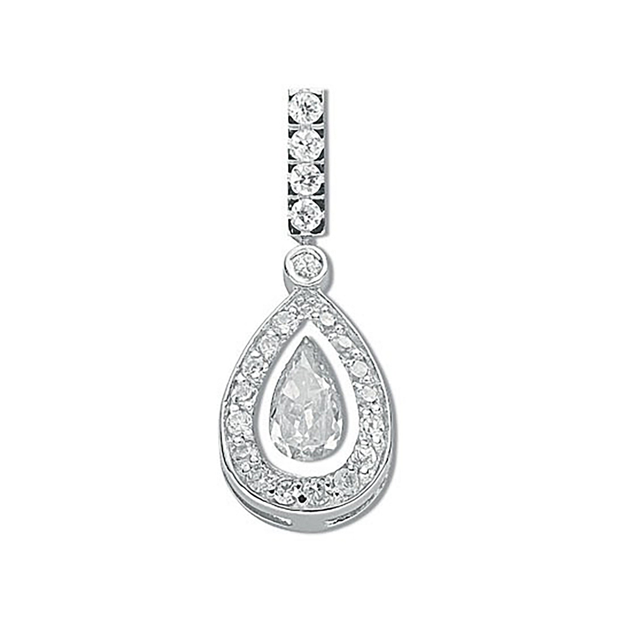 Silver Pear Cut Cubic Zirconia Cluster Drop Pendant - Silver