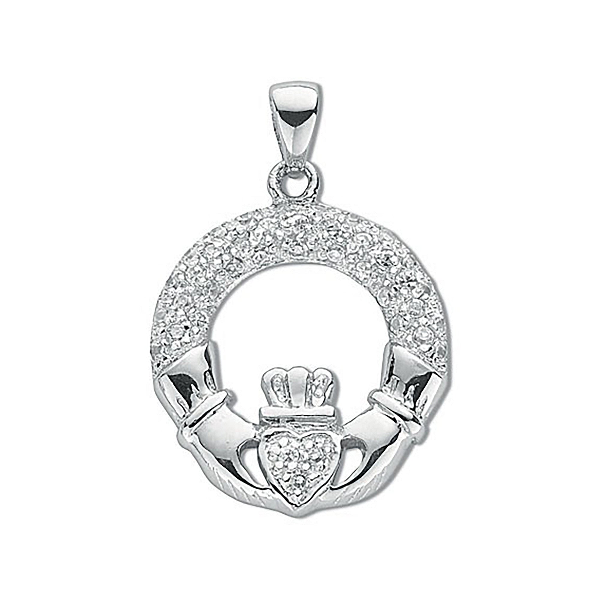 Silver Pave Set Cubic Zirconia Claddagh Drop Pendant - Silver