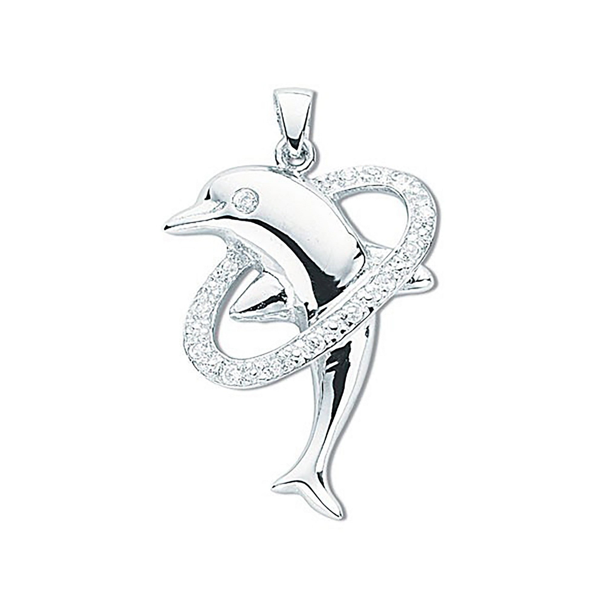 Silver Cubic Zirconia Dolphin Pendant - Silver