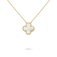 Van Cleef & Arpels Vintage Alhambra Pendant Mother-Of-Pearl on a 18K Yellow Gold chain, showcasing the pendant's design and the chain details.