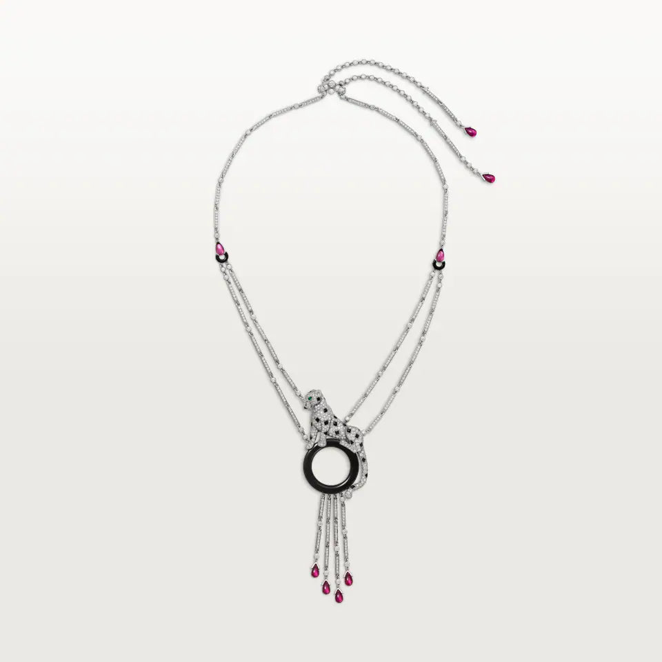 Cartier Panthère de Cartier Necklace Rubellite Paved 7.45 Ct Onyx Emeralds Diamonds 18K White Gold