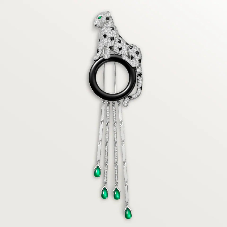 Cartier Panthère de Cartier Brooch Paved 3.26 Ct Emeralds Onyx Diamonds 18K White Gold