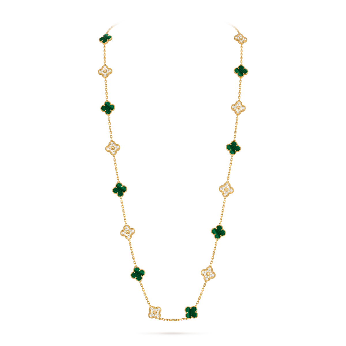 Van Cleef & Arpels Vintage Alhambra 20 Motifs Malachite Diamond Long Necklace 18K Yellow Gold