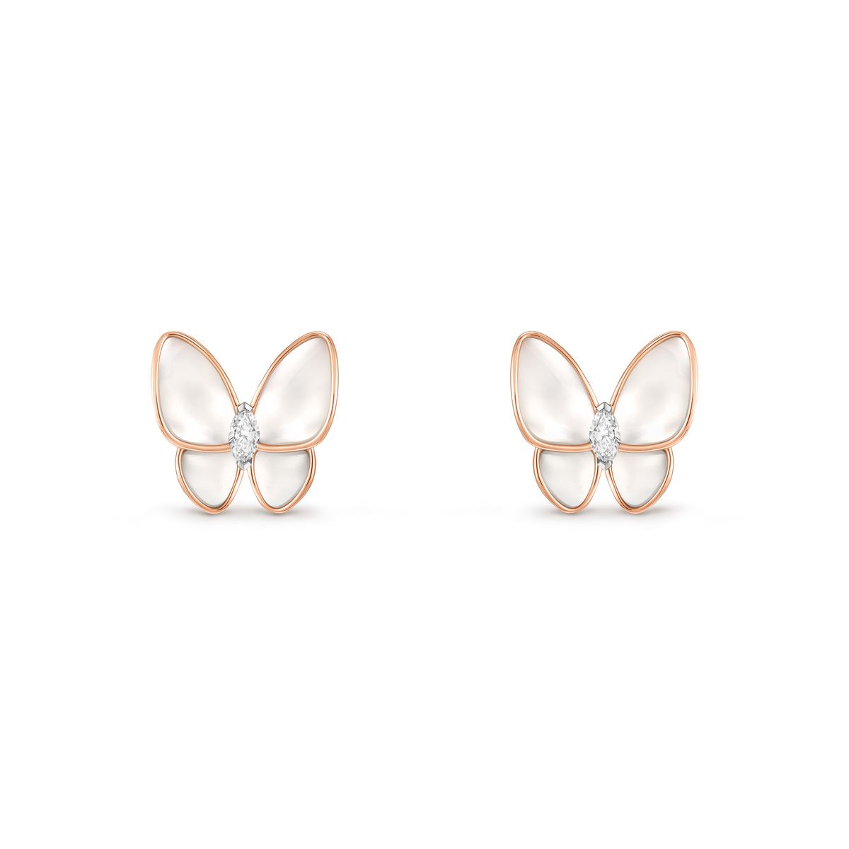Van Cleef & Arpels Two Butterfly Diamond Mother-Of-Pearl Earrings 18K Rose & White Gold