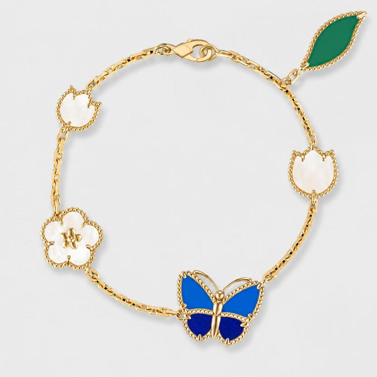 Van Cleef & Arpels Lucky Spring Butterfly 5 Motifs Agate Lapis Lazuli Mother-Of-Pearl Bracelet 18K Yellow Gold