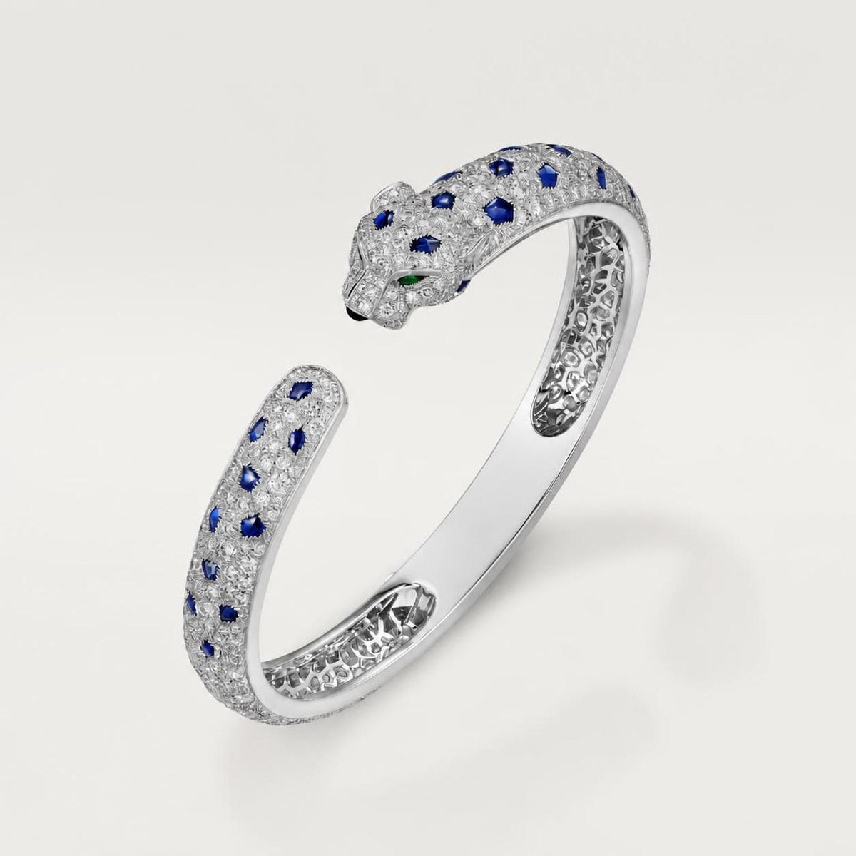 Cartier Panthère de Cartier Bracelet Medium Model Paved Onyx Emeralds Sapphires Diamonds 18K White Gold