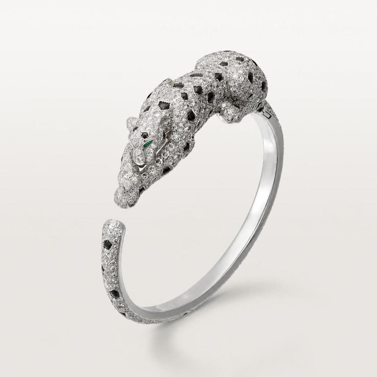 Cartier Panthère de Cartier Bracelet Paved 9.72 Ct Emeralds Onyx Diamonds 18K White Gold
