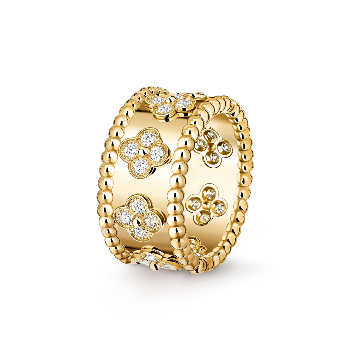 Van Cleef & Arpels Perlée Clovers Medium Model Diamond Ring 18K Yellow Gold
