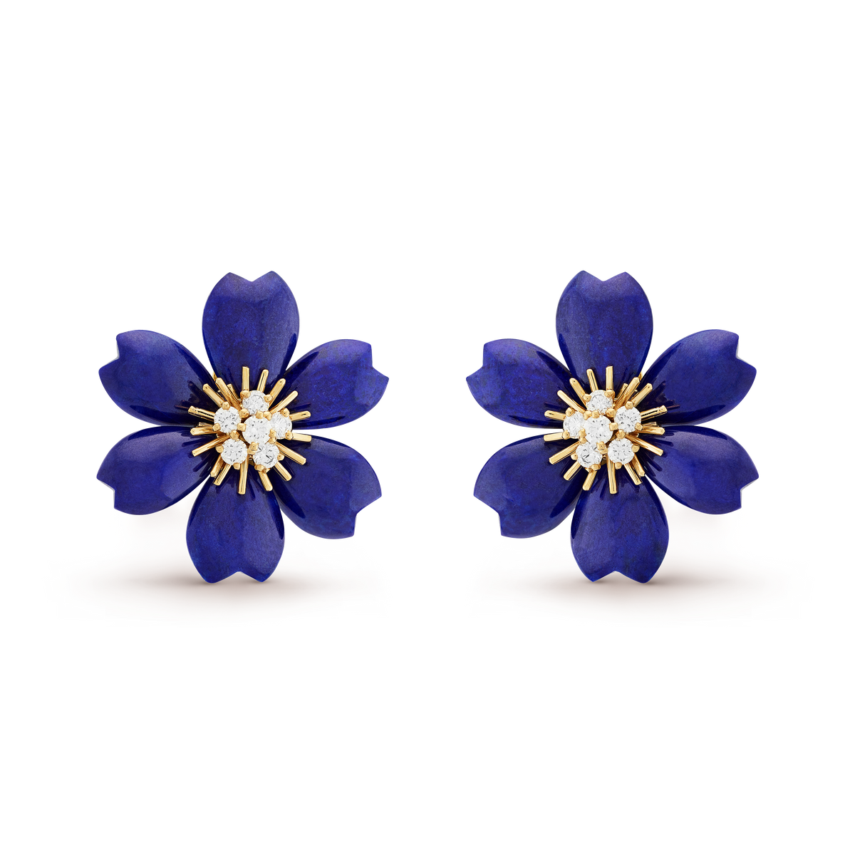 Van Cleef & Arpels Rose De Noël Diamond Lapis Lazuli Small Earrings 18K Yellow Gold