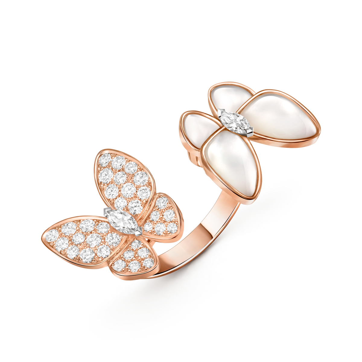 Van Cleef & Arpels Two Butterfly Mother-of-Pearl Diamond Between the Finger Ring 18K Rose & White Gold