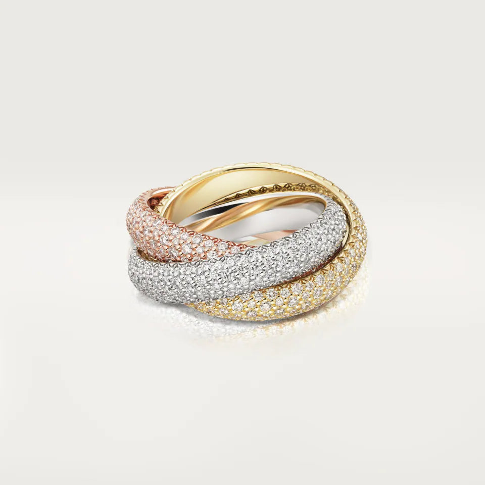 Cartier Trinity Ring Large Model Paved Diamonds 18K White, Yellow & Rose Gold