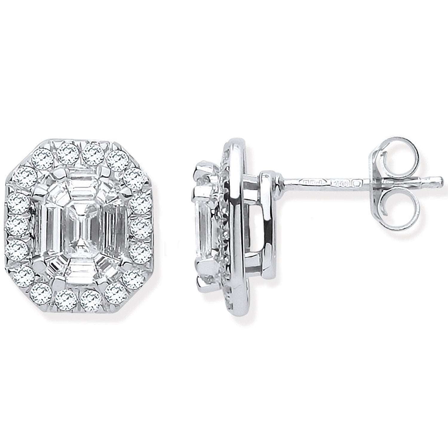 18ct White Gold Round Baguettes & Emerald Centre 1.40ct Diamond Stud Earrings