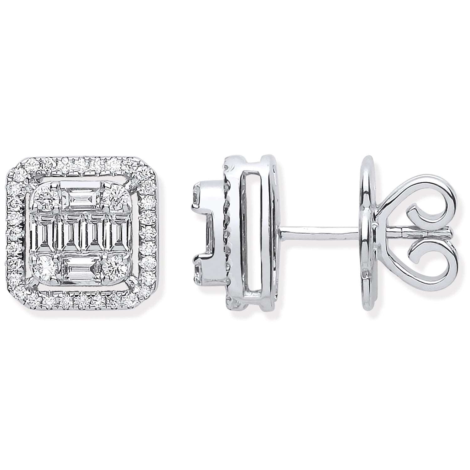 18ct White Gold 0.90ct Round and Baguette Diamond Stud Earrings
