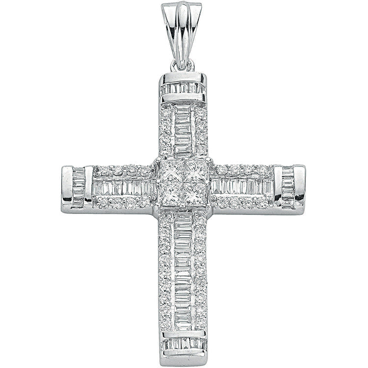 18ct White Gold 1.52ct Brilliant, Princess & Baguette Diamond Cross Pendant