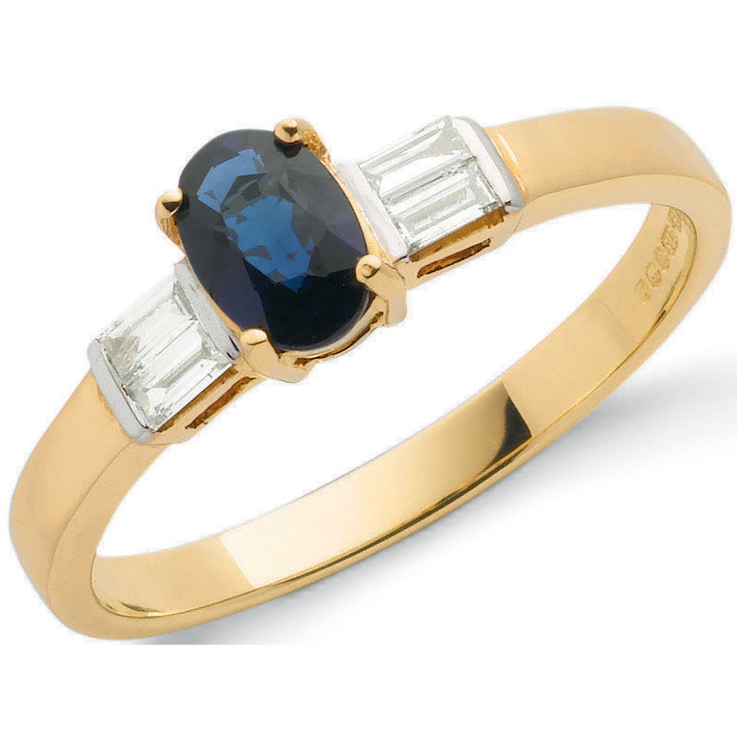 9ct Yellow Gold Baguette Cut 0.11ct Diamond & 0.60ct Blue Sapphire Ring