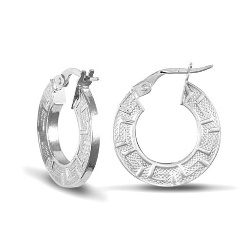 JER666A | 9ct White Gold Greek Key Flat Hoop Earrings