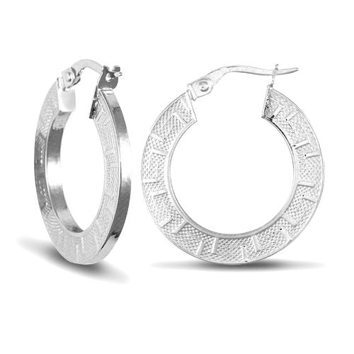 JER666B | 9ct White Gold Greek Key Flat Hoop Earrings