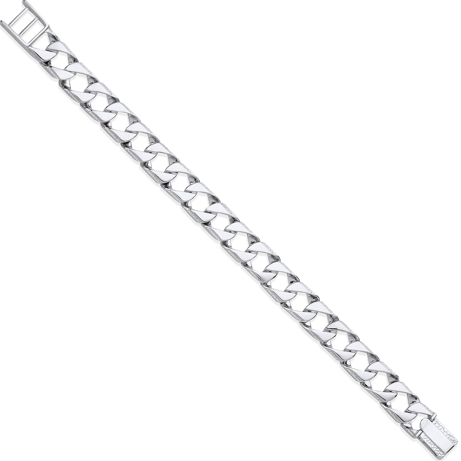 Silver 12mm Square Curb Ribbed Edge Link Bracelet