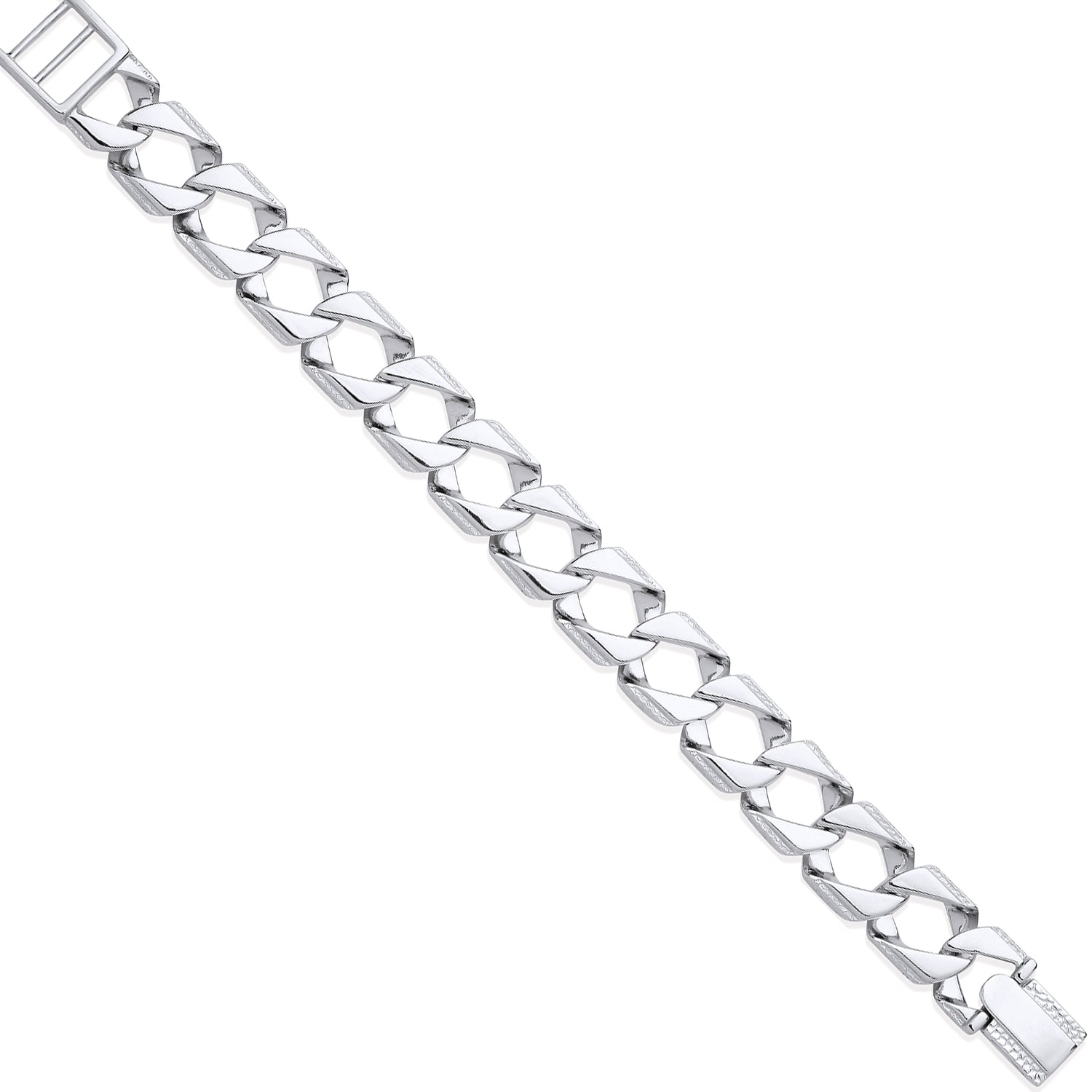 Silver 15mm Square Curb Ribbed Edge Link Bracelet