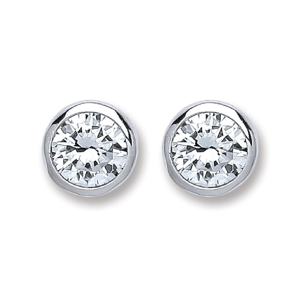 Silver Round Brilliant Cut Rub Over 6mm Cubic Zirconia Stud Earrings