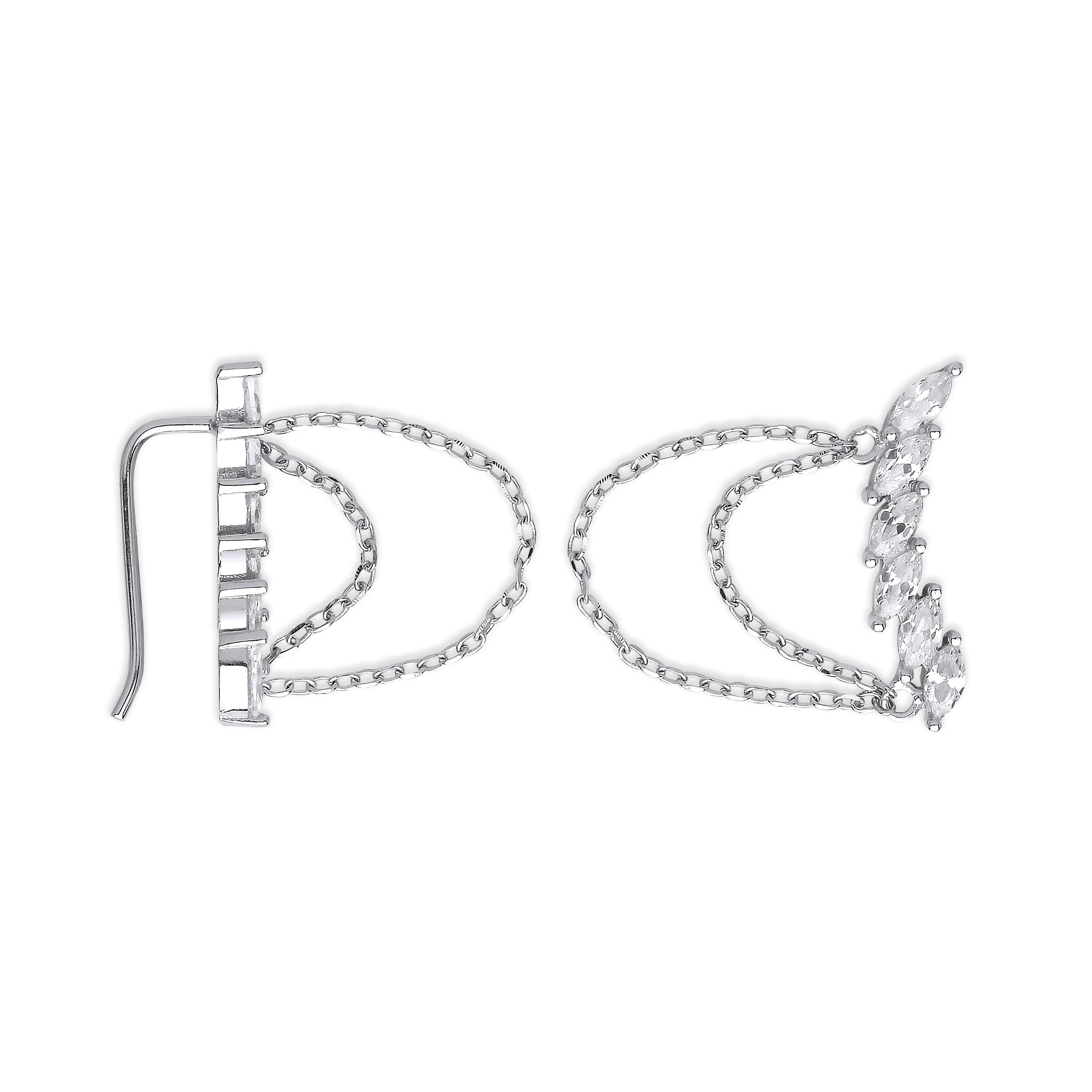 Silver Arc-shaped Ear Hook Marquee Cubic Zirconia with Chain Ear Clip Earrings