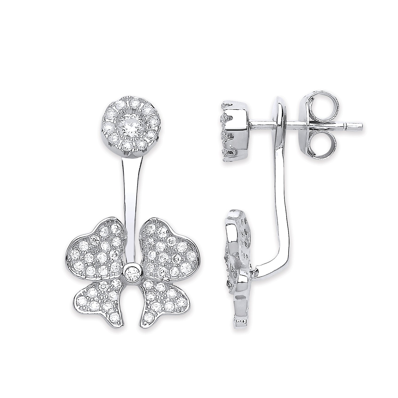 Silver Cubic Zirconia Bow Ear Stud Cuff Wrap Earrings