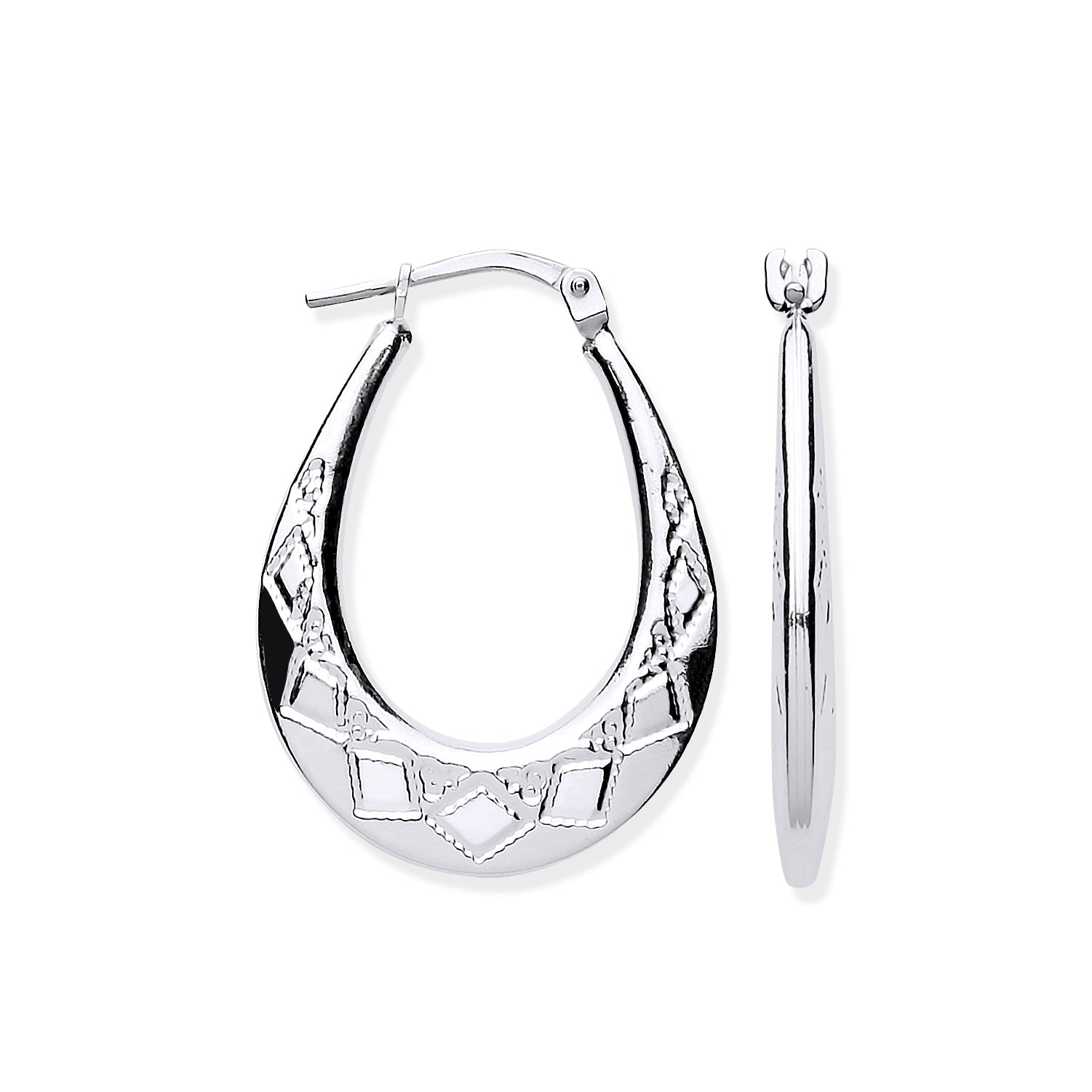 Silver Diamond Cut Oval Creole Earrings