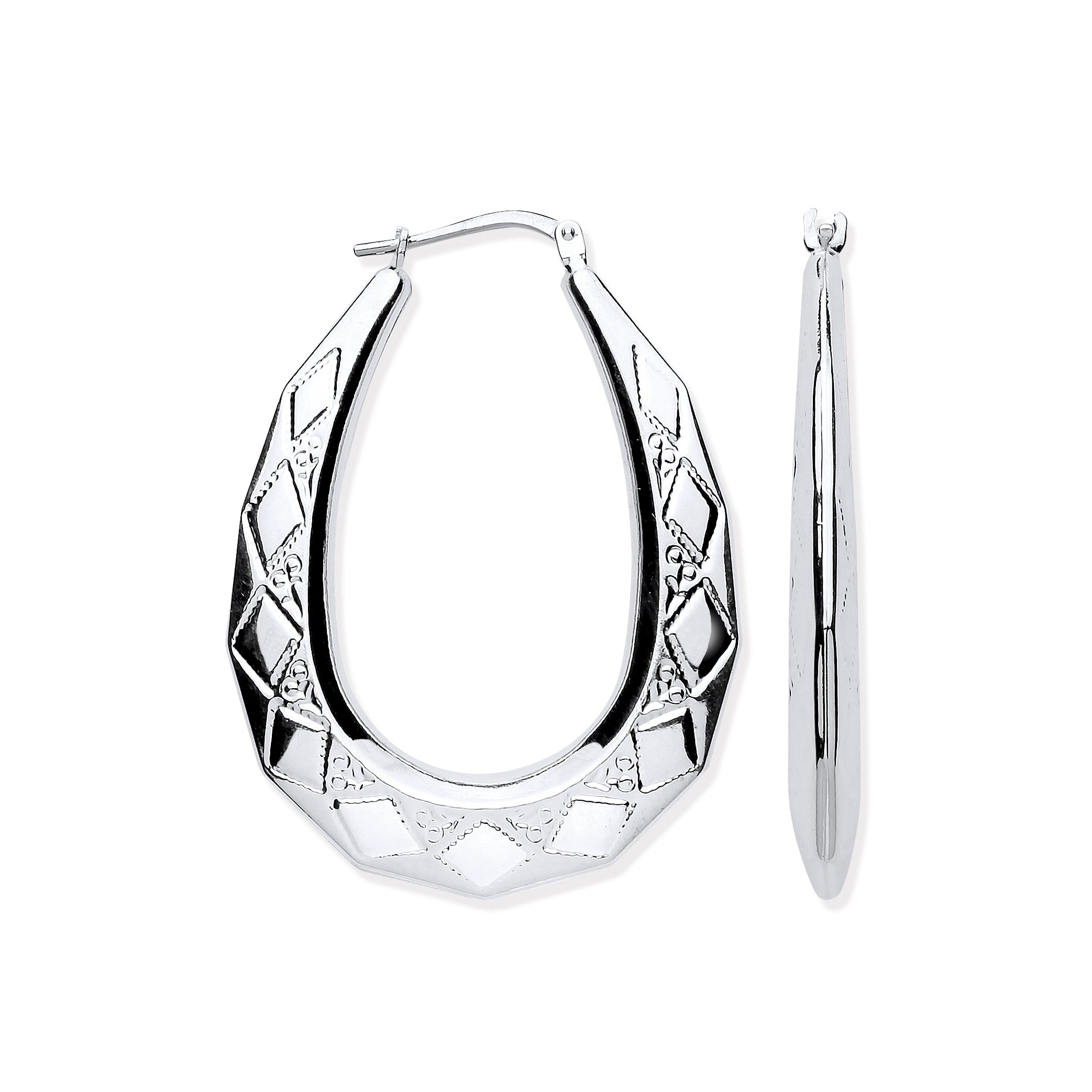 Silver Large Diamond Cut Oval Creole Earrings
