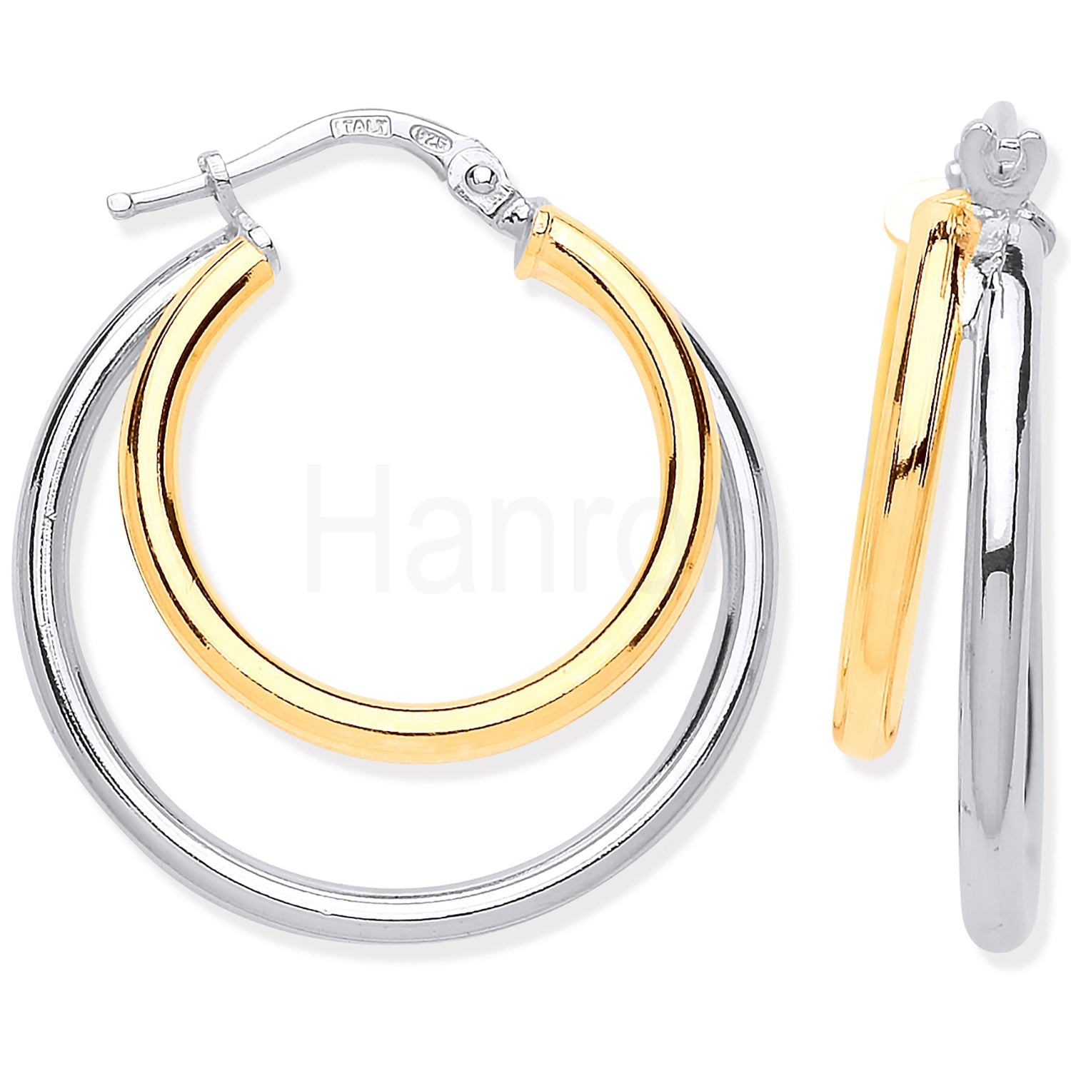 Silver & YG Plated Double Circle Polished Hoop Earrings