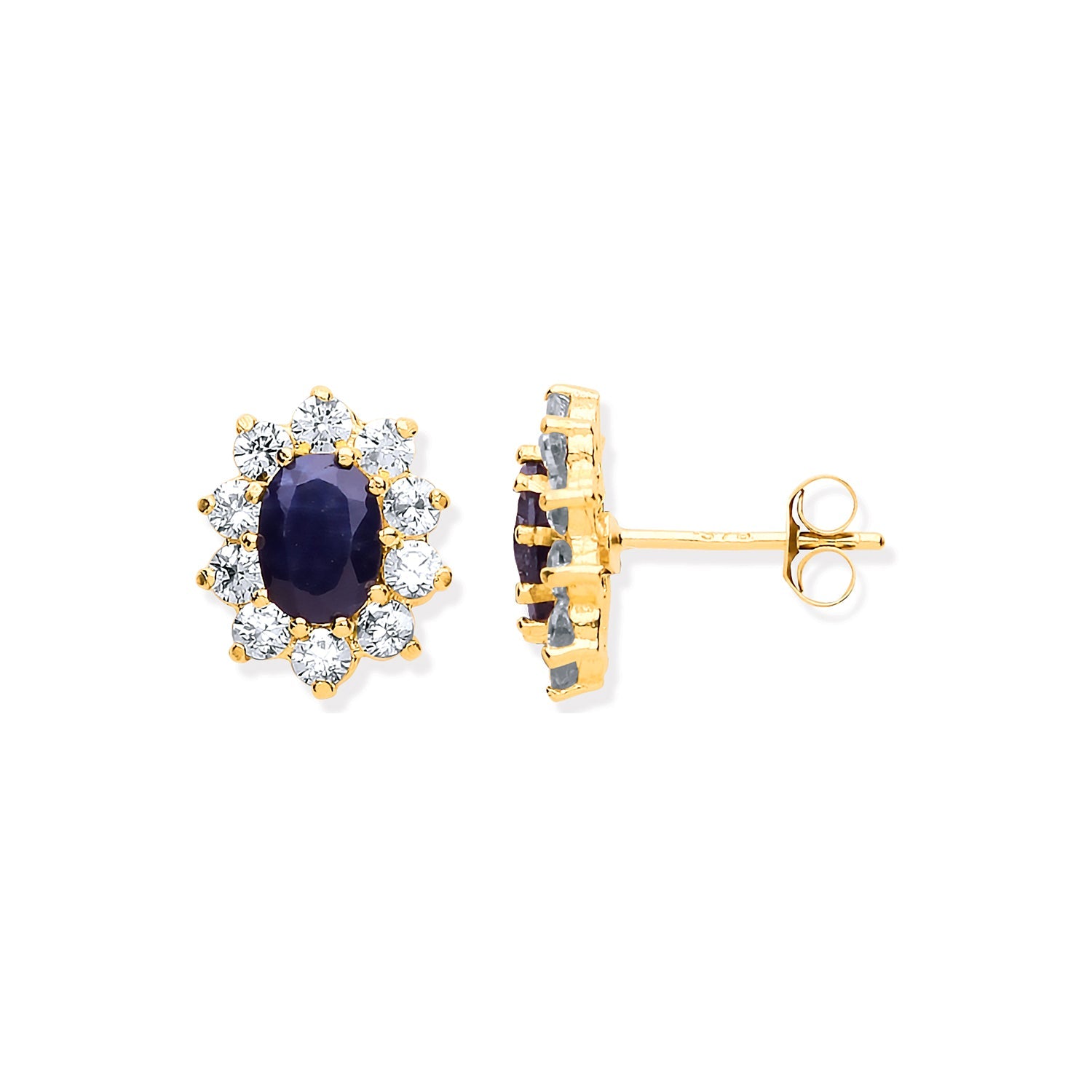 9ct Yellow Gold Sapphire & Cubic Zirconias Cluster Stud Earrings