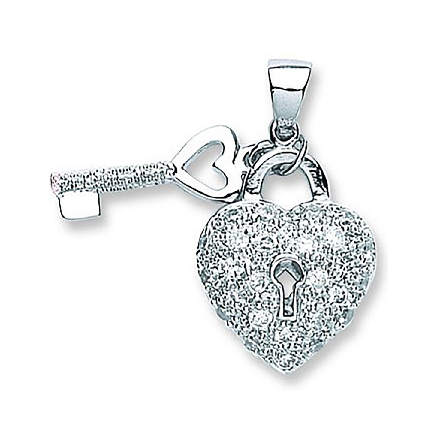 Silver Heart & Key Drop Cubic Zirconia Pendant
