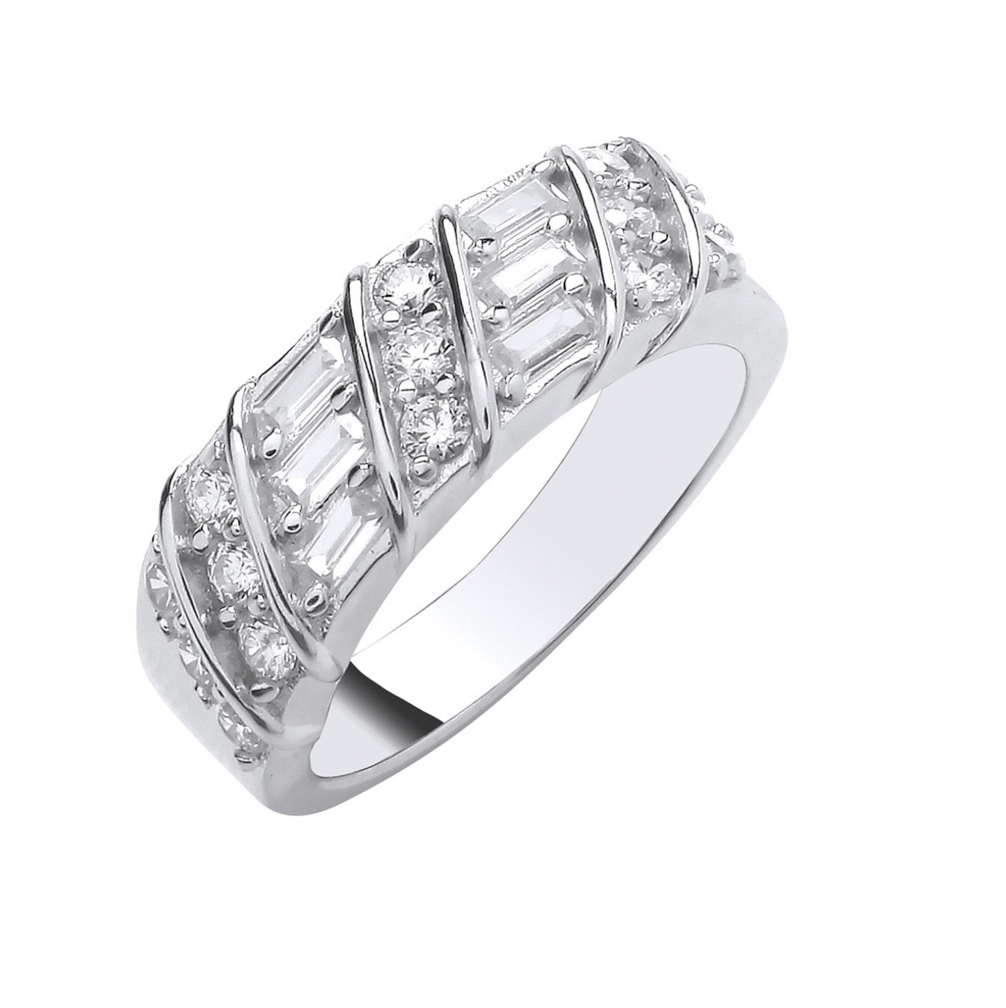 Baguette & Round Half Eternity Cubic Zirconia Ring 925 Silver