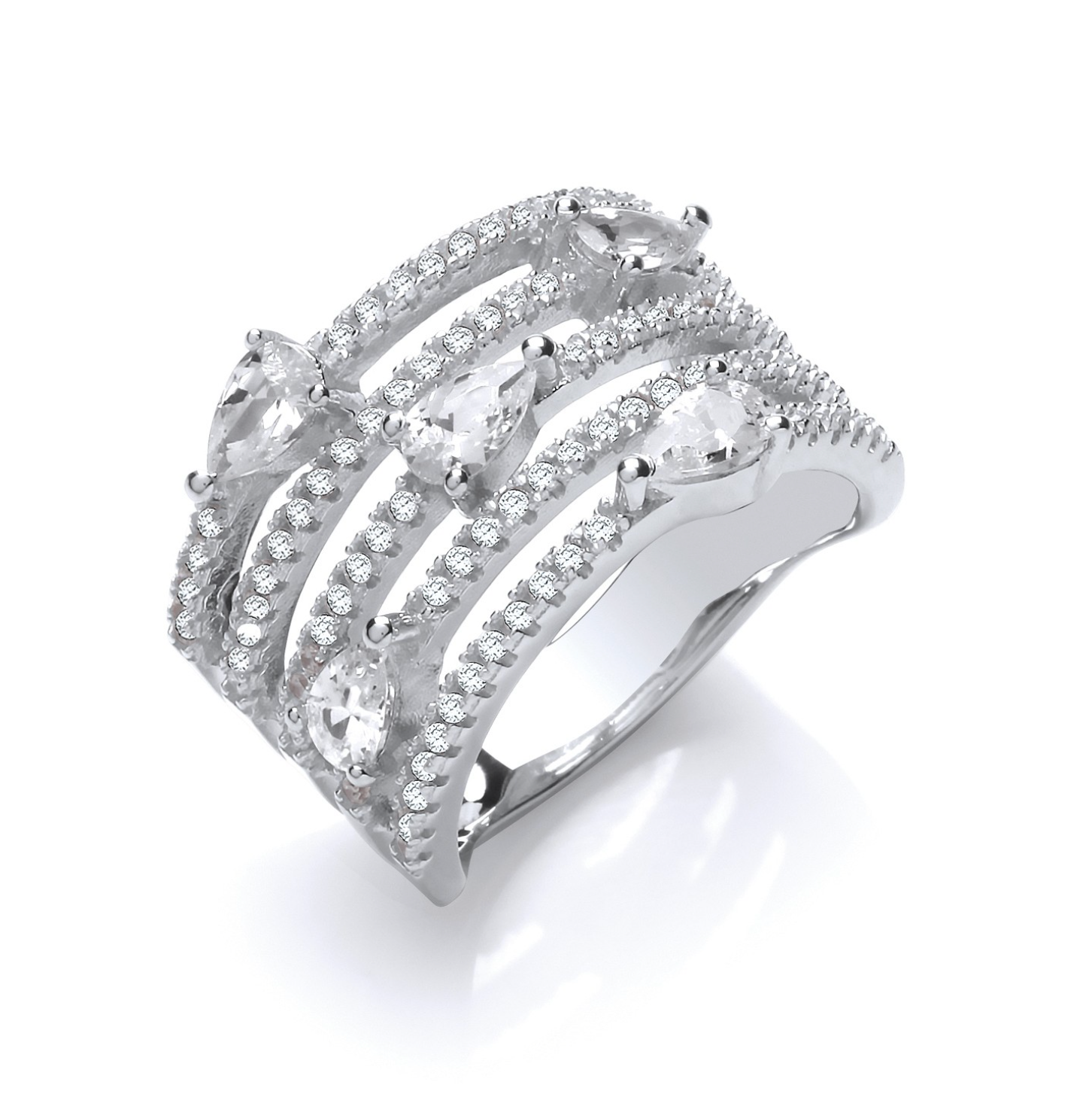 Silver Five Rows Round & Pear Cubic Zirconia Ring