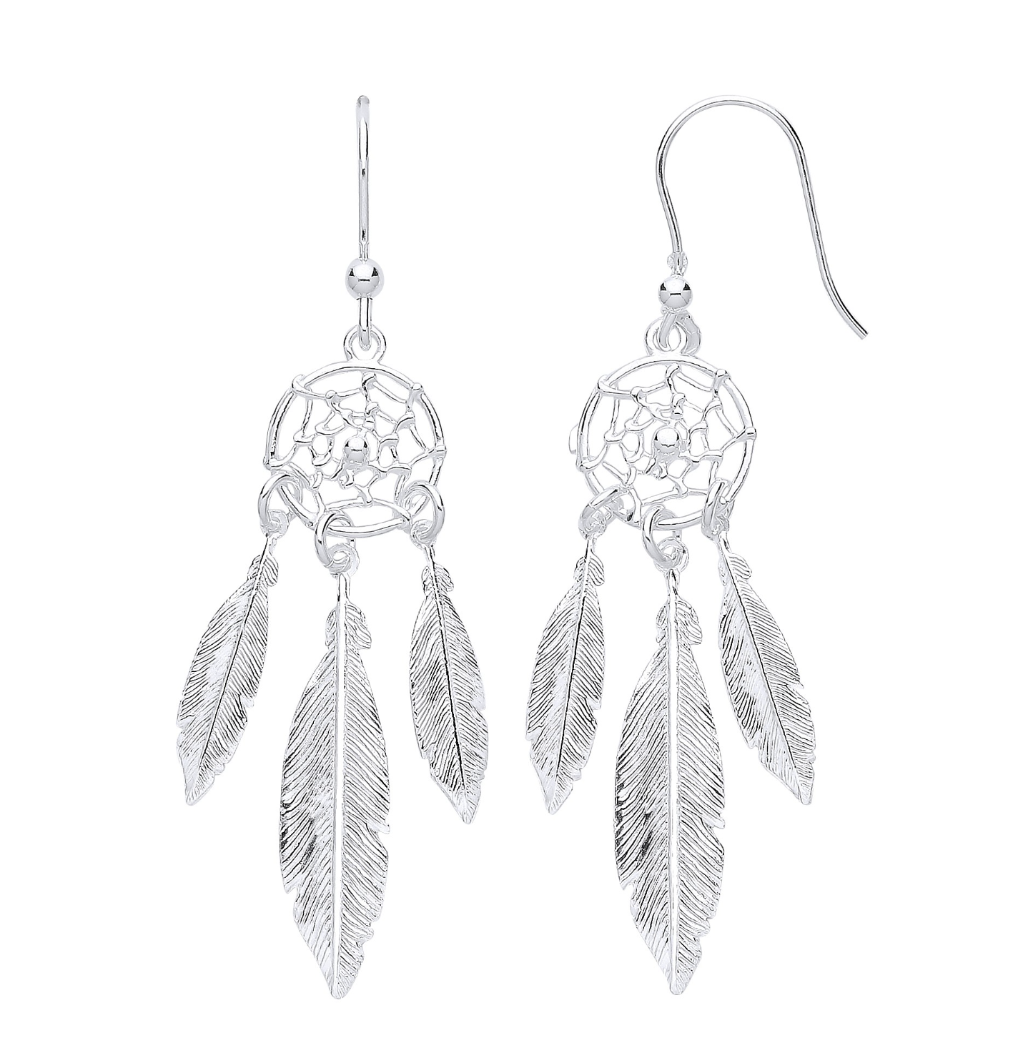Silver Dream Catcher Feather Spider Web Drop Earrings