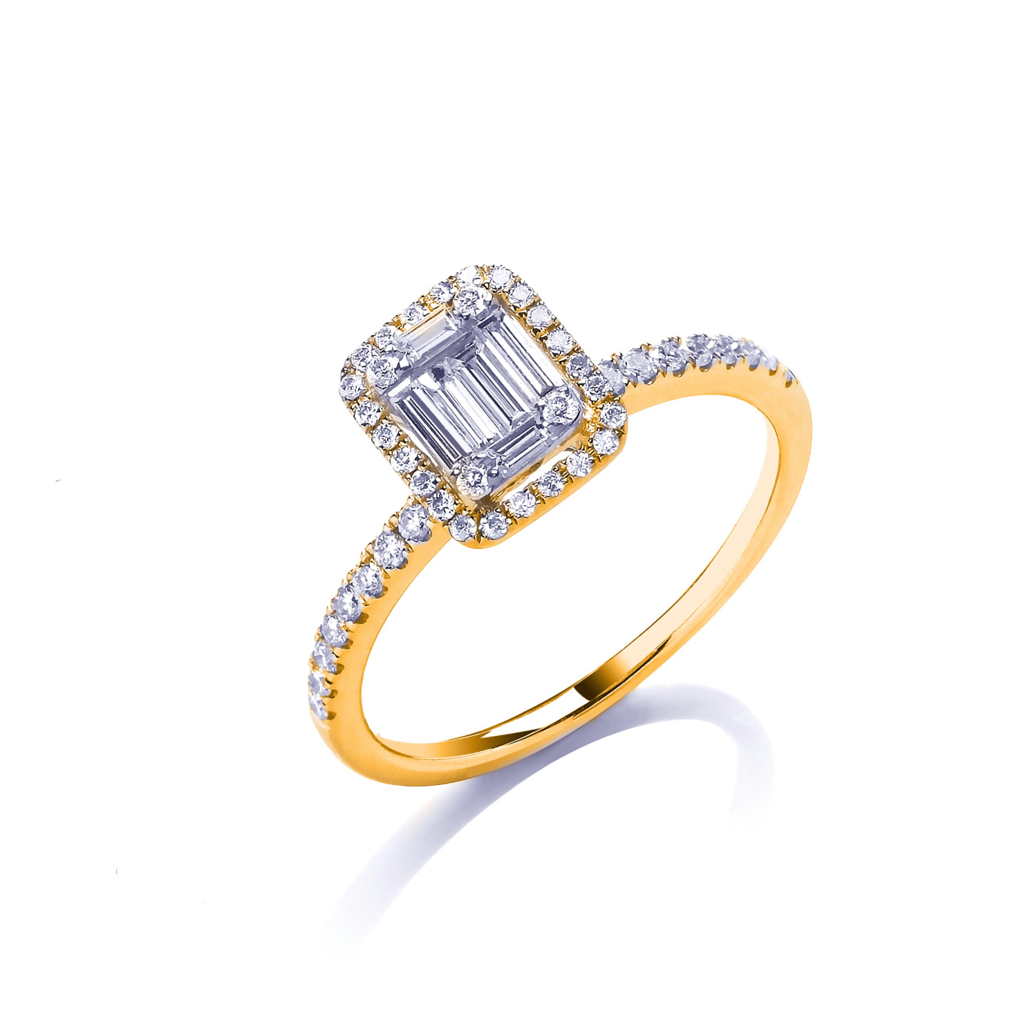 Baguette & Brilliant Cut 0.50CT Diamonds Rectangle Halo Ring 18K Yellow Gold