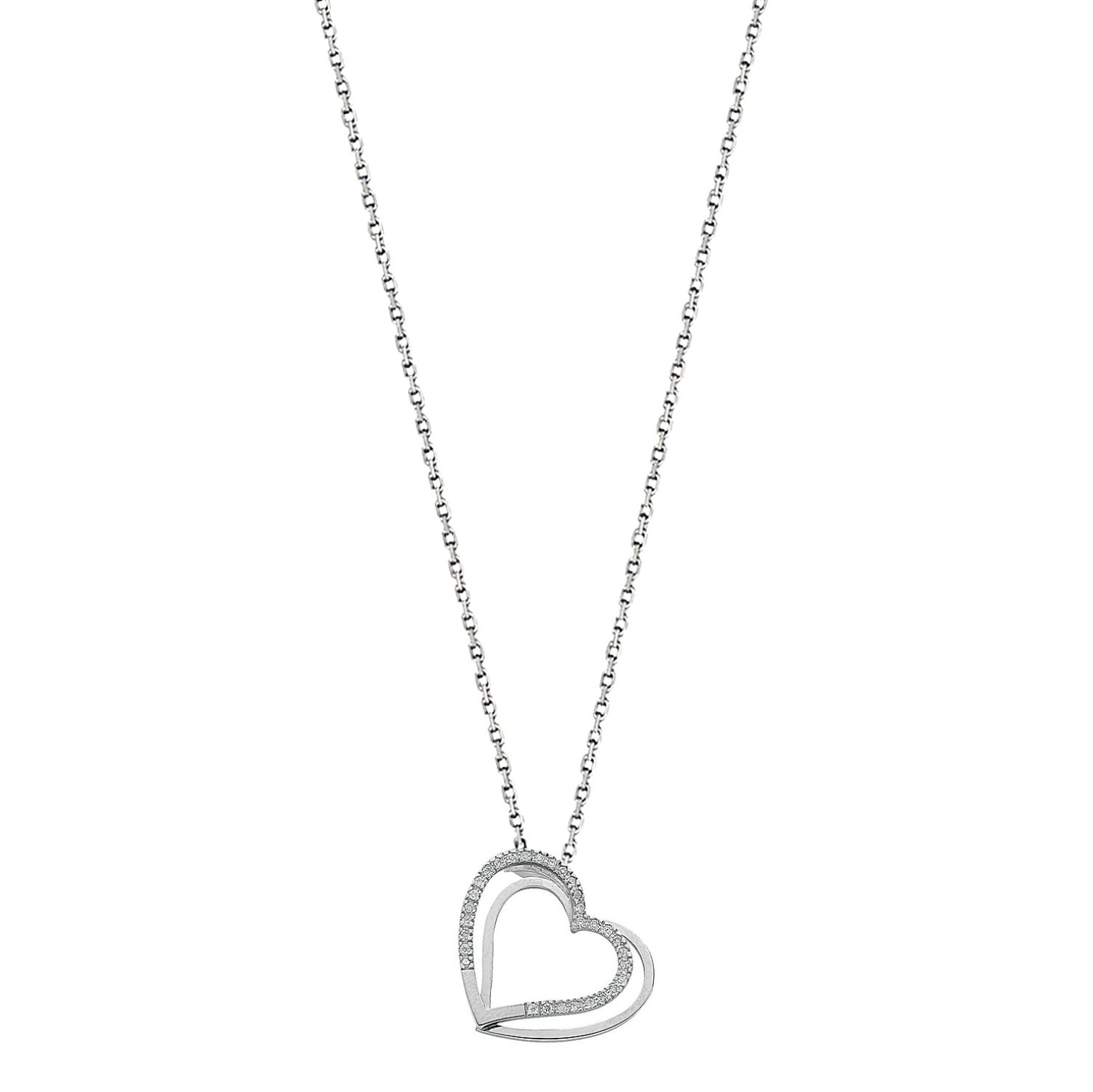 Diamond Double Heart Pendant 0.15CT Necklace 9K White Gold