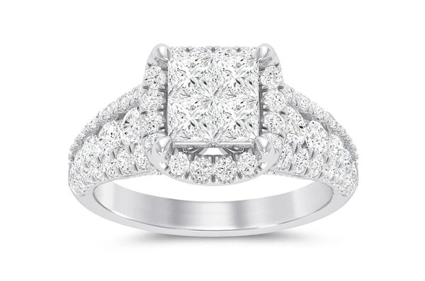 Bague de fiançailles entièrement naturelle avec diamants taille princesse Quad Halo 2,00 ct, or blanc 14 carats